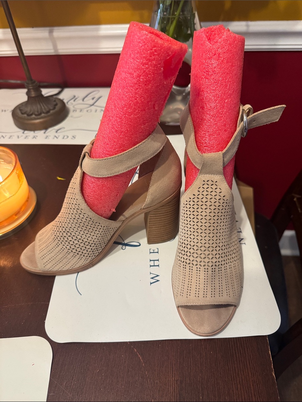 Marc Fisher Taupe Perforated Block Heel Sandals with Ankle Strap